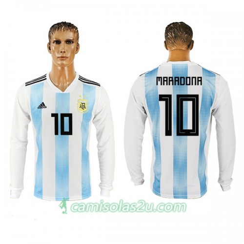 Camisolas de Futebol Argentina Maradona 10 Equipamento Principal Copa do Mundo 2018 Manga Comprida Camisolas de Futebol Argentina Maradona 10 Equipamento Principal Copa do Mundo 2018 Manga Comprida
